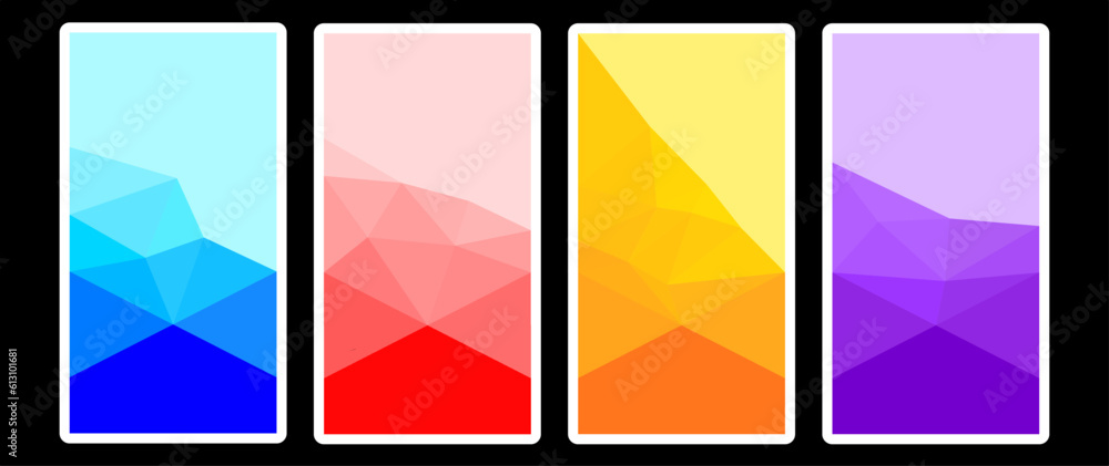 Set of stylish low poly backgrounds with cover sizes, bright geometric pattern templates.