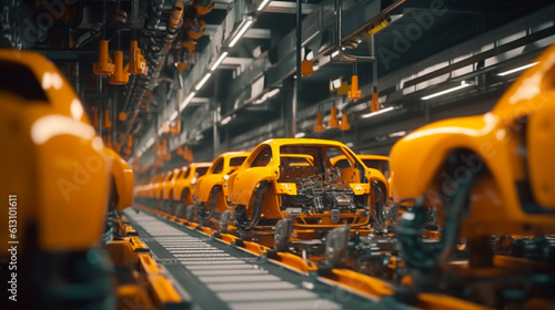 Car skeleton on the assembly line, auto factory. Generative Ai.