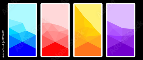 Set of stylish low poly backgrounds with cover sizes, bright geometric pattern templates.