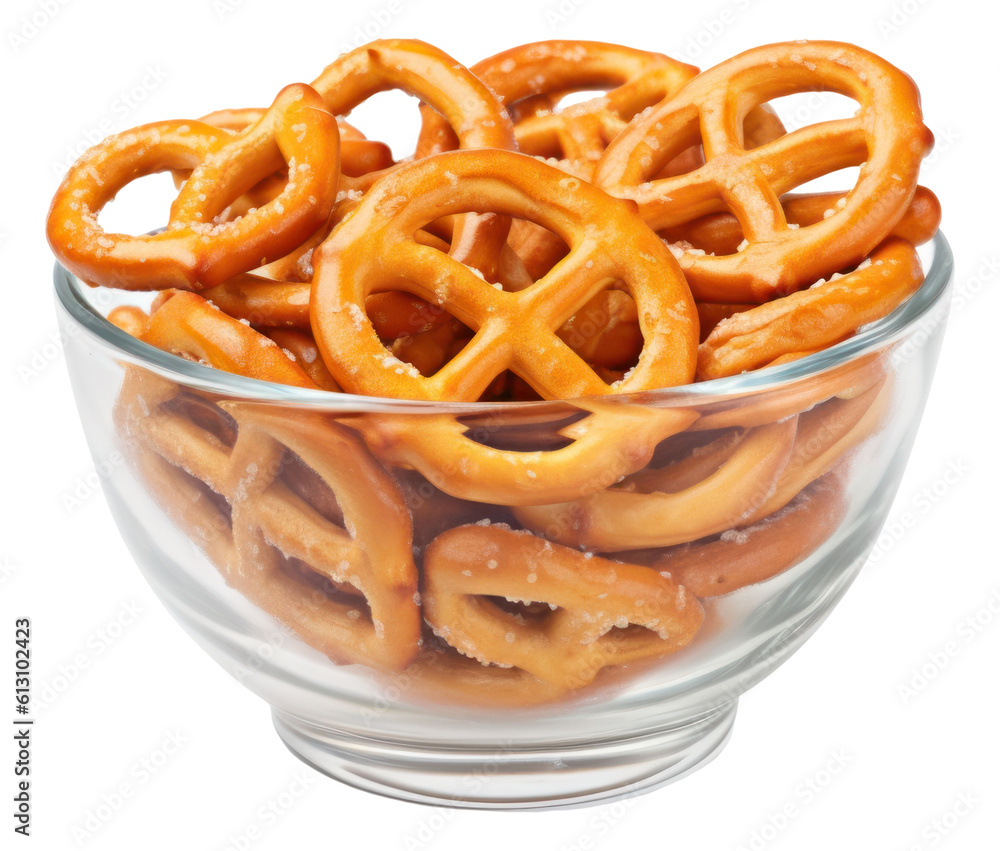 Salted pretzels in bowl isolated. Generative AI. Salted pretzels in bowl isolated. Generative AI.