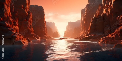 3d render, futuristic landscape with cliffs and water. Modern minimal abstract background. Spiritual zen wallpaper with sunset or sunrise light © Jing