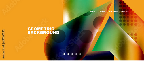 Glassmorphism landing page background template. Colorful glass shapes with metallic effect abstract composition for wallpaper, banner, background
