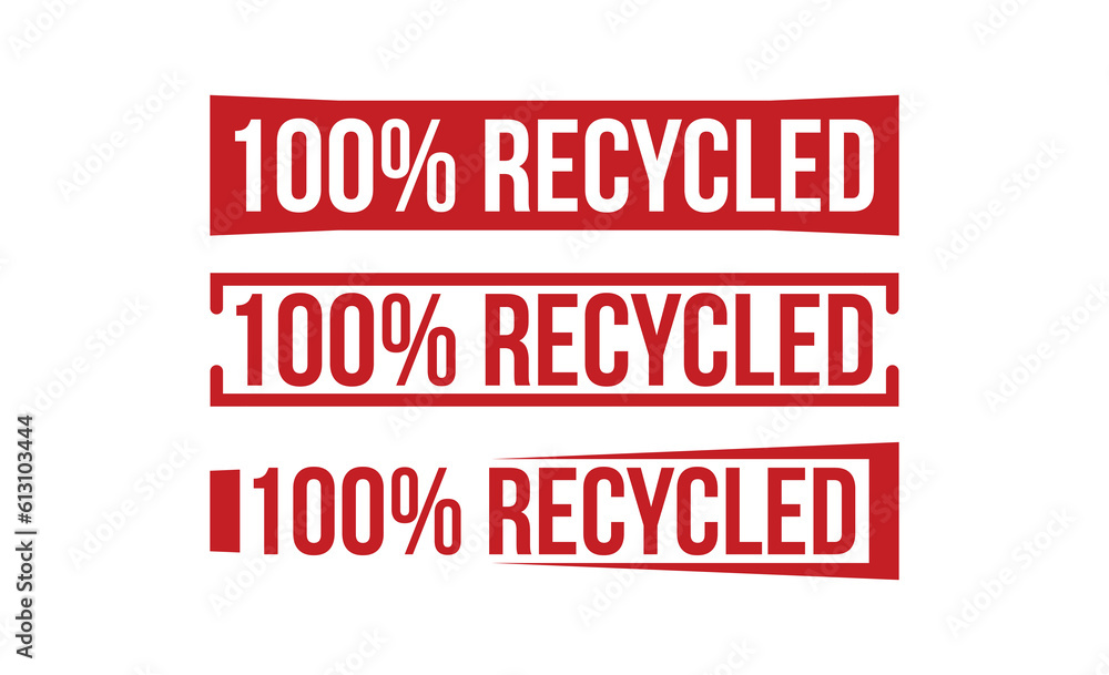 100% Recycled stamp red rubber stamp on white background. 100% Recycled stamp set. 100% Recycled stamp red rubber stamp on white background. 100% Recycled stamp set.
