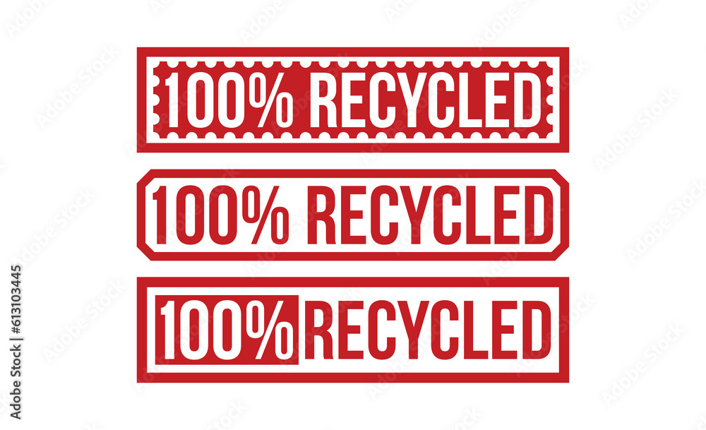 100% Recycled stamp red rubber stamp on white background. 100% Recycled stamp set. 100% Recycled stamp red rubber stamp on white background. 100% Recycled stamp set.
