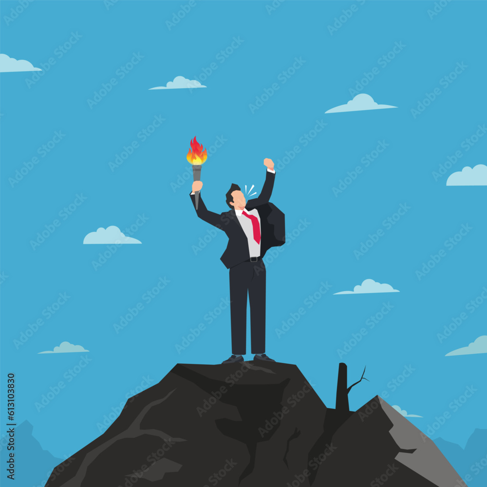 Businessman standing on hilltop and holding fire torch. Business spirit concept design vector illustration