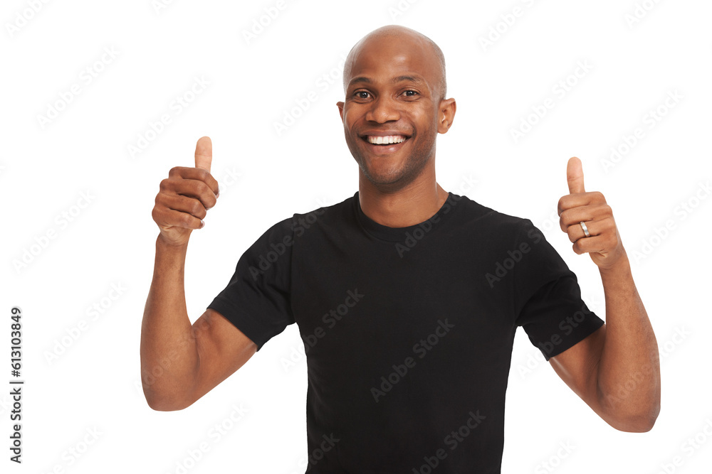 Black man, portrait and thumbs up with support and hand gesture emoji ...