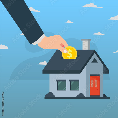 Vector businessman hand putting coin into slot at roof of the house. Saving money to buy house illustration