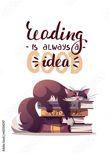 Card design with cute cat lying in the books. Pet, kitty, domestic life, animal concept. A4 Vector illustration for poster, card, postcard, cover.