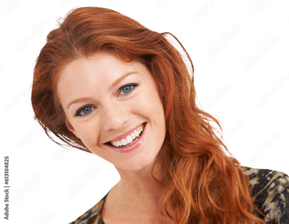 Red head, face and smile of a woman with beauty, natural makeup and cosmetics. Portrait of happy female model person from Ireland with skin glow and hair shine isolated on transparent, png background Red head, face and smile of a woman with beauty, natural makeup and cosmetics. Portrait of happy female model person from Ireland with skin glow and hair shine isolated on transparent, png background