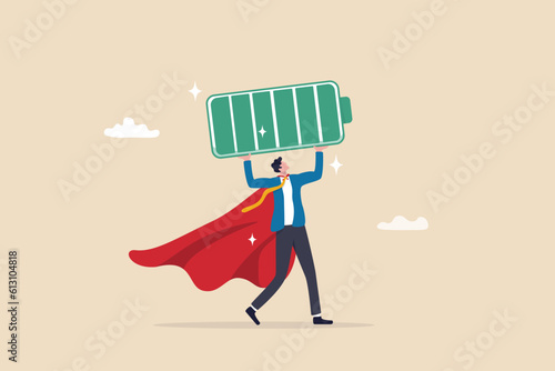 Full battery recharge, full energy to work or refresh from exhaustion, burnout recover, fuel employee or productive and efficient concept, energetic businessman superhero carry full recharge battery.