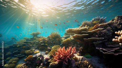 a coral reef has sun beams as light shines below  background