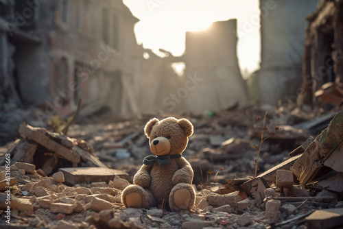 Child's teddy bear toy in rubble of city destroyed by war. Generative AI illustration