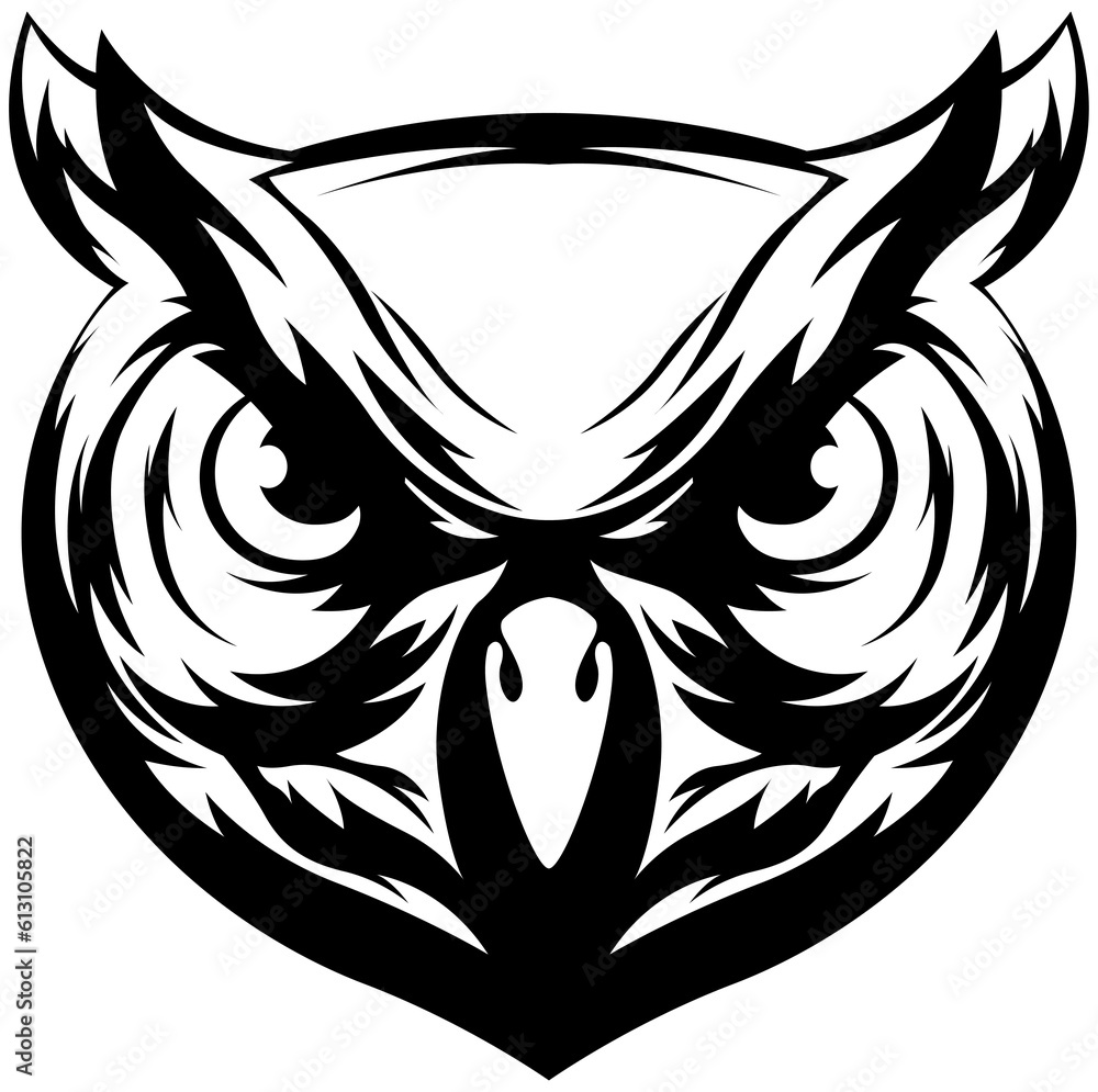 Fototapeta premium Owl isolated illustration. Black color on white background image. Wild bird design logo.