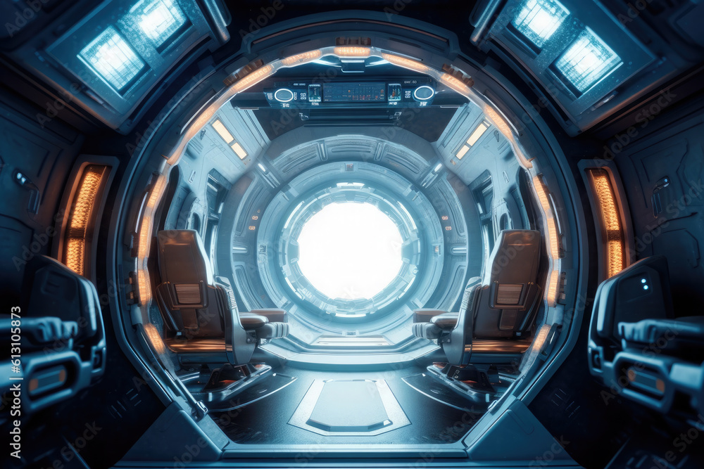 Modern interior of a spaceship with a view of the system of space, planets. Generative AI Modern interior of a spaceship with a view of the system of space, planets. Generative AI