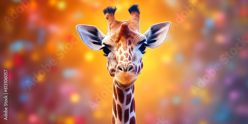 portrait of a giraffe in front of a colorful background