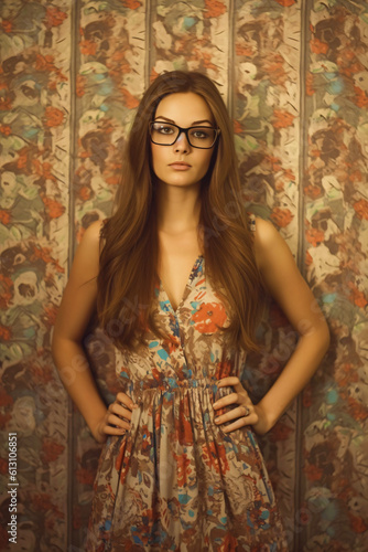 woman with long brown hair and glasses in front of an old-fashioned wallpaper, fictional person made with generative ai