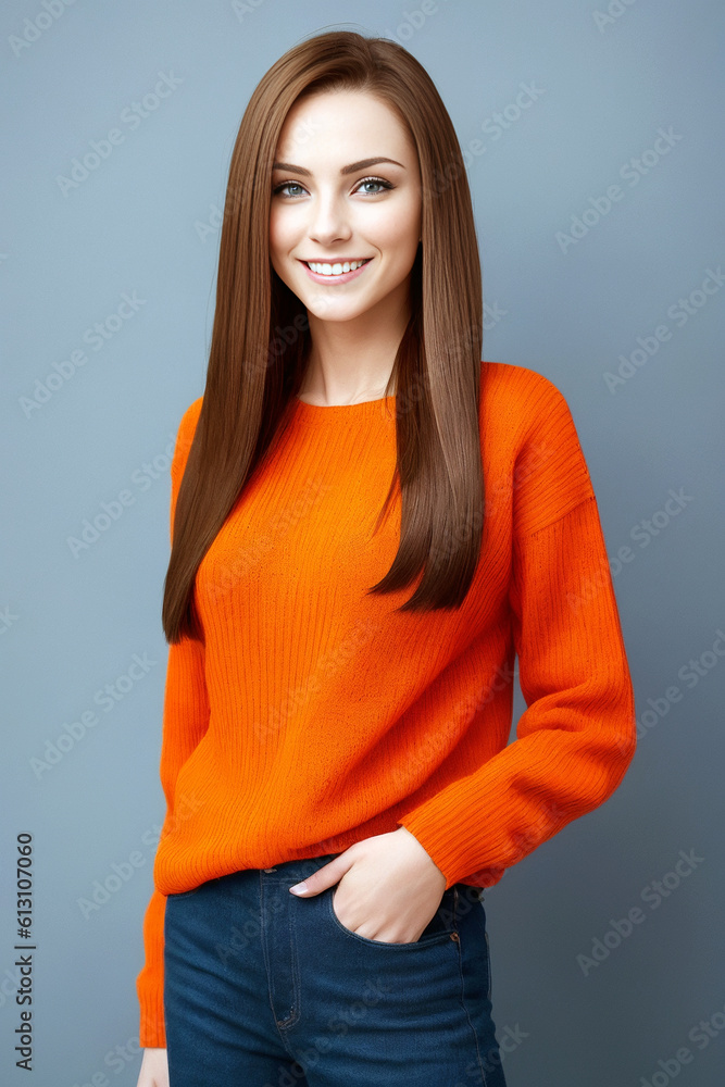 Beautiful woman in an orange sweater on a blue background smiling. Generative AI Beautiful woman in an orange sweater on a blue background smiling. Generative AI