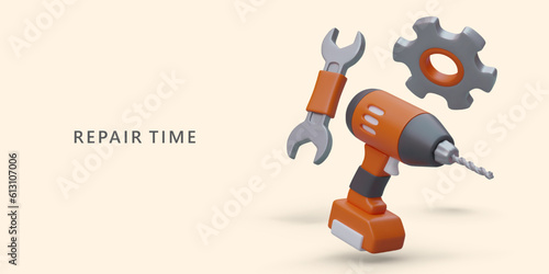 Do it yourself repair work. Advice on choosing tools. Lessons from professionals. Basic and advanced courses. Modern trends, fashionable colors, techniques. Vector concept with 3D elements and text
