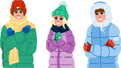 cold weather cloth vector. winter es, person outdoor, young girl, warm season, coat scarf cold weather cloth character. people flat cartoon illustration