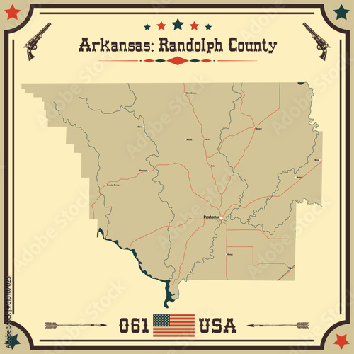 Large and accurate map of Randolph County, Arkansas, USA with vintage colors.
