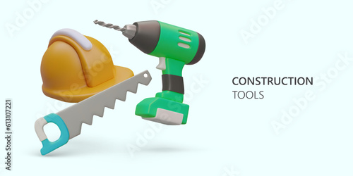 Sale of tools for repair and construction. Large catalog of products from various manufacturers. 3D safety helmet, saw, cordless drill. Quality equipment for craftsmen