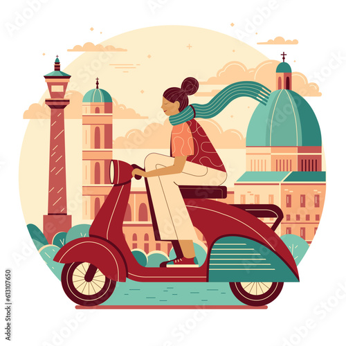 Girl Riding Retro Scooter in Italian City