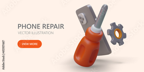 Advertising banner of phone repair service. 3D screwdriver, smartphone, gear with shadows. Firmware. Time to fix gadget. Poster with place for text, logo, promotional offer