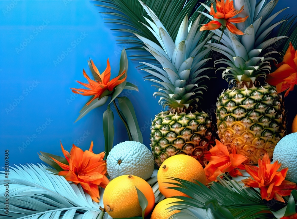 Fototapeta premium Summer tropical background with a space for a text, various fruits, green leaves and flowers arranged in a way that light shadows are fallen. Created with Generative AI technology.