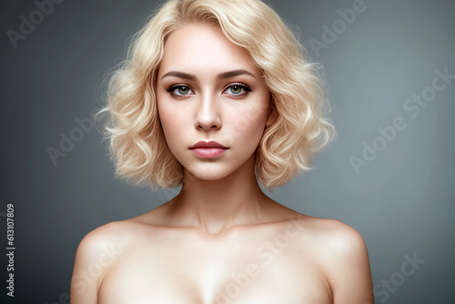 Beautiful woman portrait on gray background. Generative AI