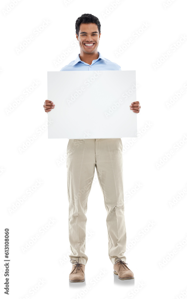 Poster, advertising and portrait of man with billboard on isolated, PNG and transparent background. Marketing, branding and happy male person holding banner for announcement, information and news Poster, advertising and portrait of man with billboard on isolated, PNG and transparent background. Marketing, branding and happy male person holding banner for announcement, information and news