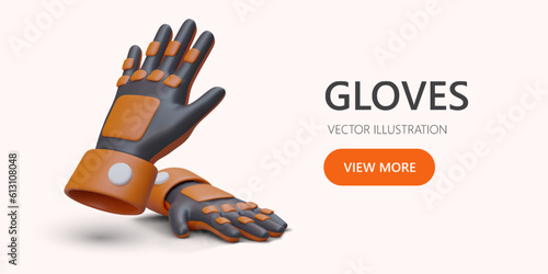 Protective rubber work gloves. 3D illustration on horizontal banner. Safety symbol. Advertising poster for protective work equipment. Insulating gloves for electricians