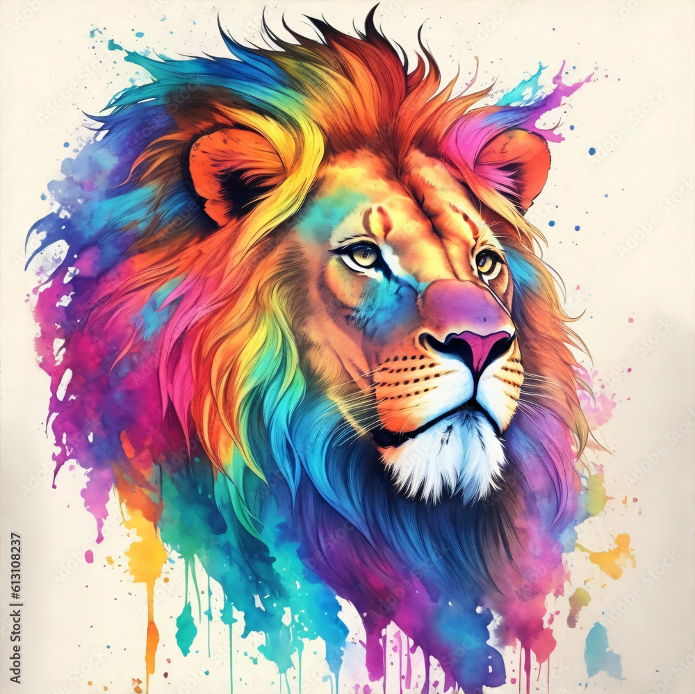 Colorful inksplash art of lion head, created with generative AI.