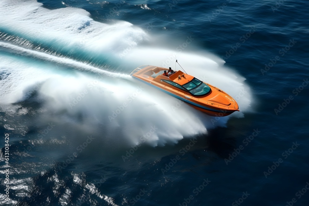 An exhilarating photo of a speedboat cutting through the water at high speed, creating a large spray that emphasises the boat's velocity.