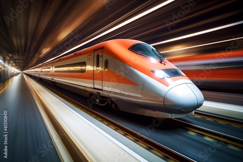 A dynamic photo of a high-speed train moving quickly along the tracks, with motion blur demonstrating the rapid pace of modern travel.