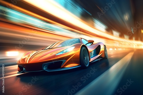 A dynamic photo of a sports car accelerating on a racetrack  with motion blur emphasising the high speed and intensity of the scene.