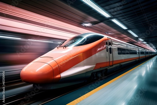  A dynamic photo of a bullet train passing through a station at high speed, with motion blur providing a tangible sense of the train's incredible velocity.