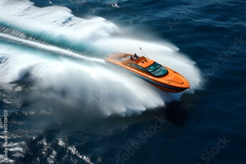 An exhilarating photo of a speedboat cutting through the water at high speed, creating a large spray that emphasises the boat's velocity. © Davivd