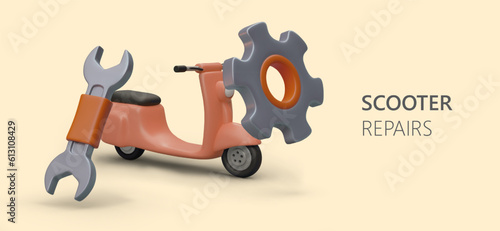 3D scooter, wrench, gear. Repair of electric scooters. Technical inspection, restoration after accidents. Professional service. Horizontal template for web design