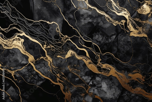 Black marble texture with gold viens. Fluid black golden marbled background. Luxury modern backdrop for banner, greeting card, invitation. Generative ai  photo