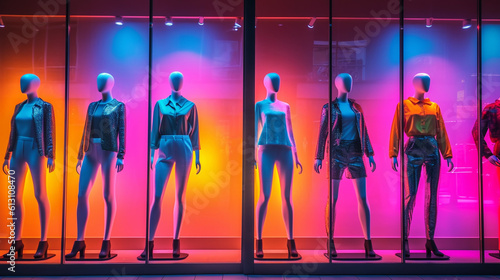 Female mannequins in a shop window. Fashion clothing store. Generative Ai