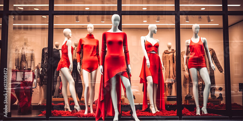 Female mannequins in a shop window. Fashion clothing store. Generative Ai
