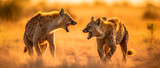 Two spotted hyenas (Crocuta crocuta) fighting in the savannah at sunset. Generative AI.