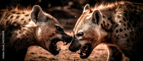 Fotografiet Spotted hyenas (Crocuta crocuta) fighting  in the savanna