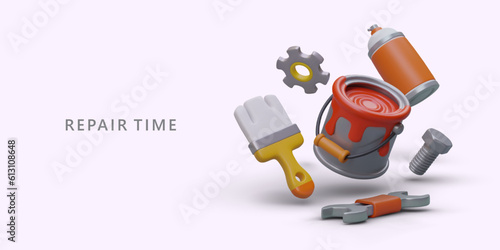 Repair time. Removal of minor damage, painting. Hand tools, brushes, paint in bucket, aerosol. Large selection of products. Cosmetic repair. Color banner for web page, site