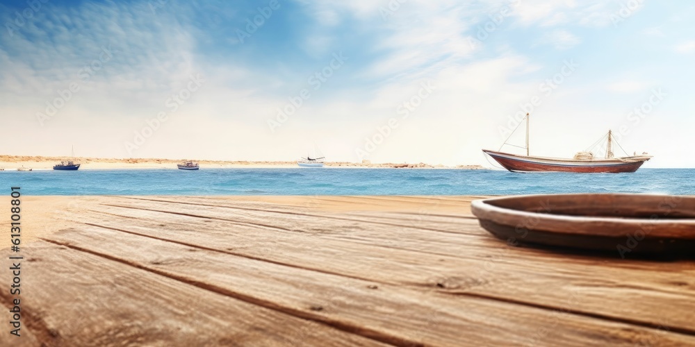 wooden table yacht , ship, harbour blur background with generative ai
