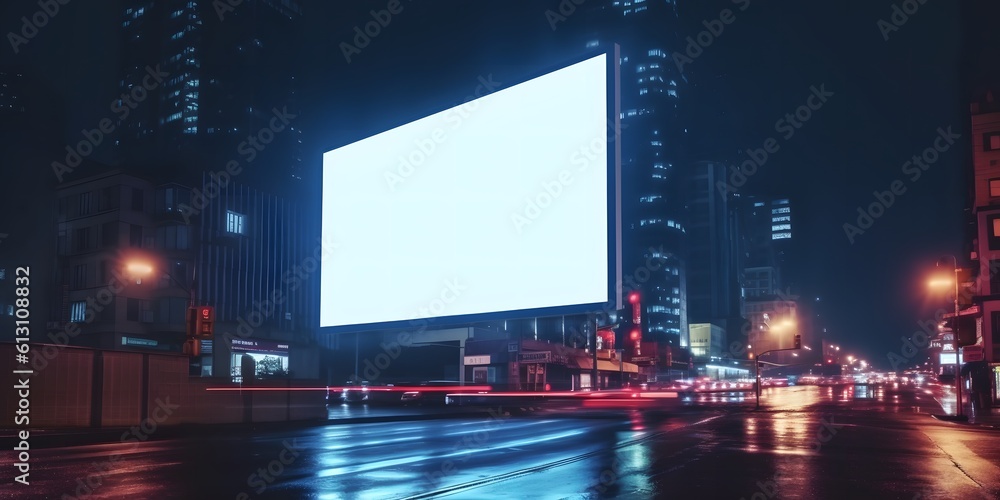 Blank white advertising display billboard in a city street at night with light streaks. Promotional poster mock up