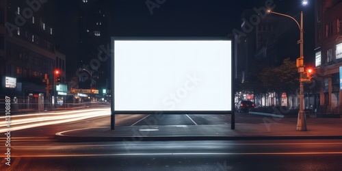 Blank white advertising display billboard in a city street at night with light streaks. Promotional poster mock up