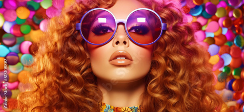 high fashion model with glasses and a psychedelic background  fictional person made with generative ai