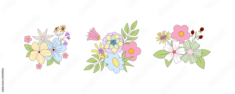 Set of pretty retro groovy floral bouquets. Floral vintage composition. Great for wedding and birthday invitations, posters, banners, flyers, cards, scrapbooking. Template. Nostalgia.