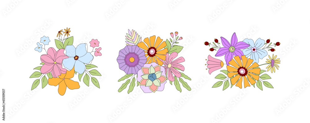 Set of pretty retro groovy floral bouquets. Great for wedding and birthday invitations, posters, banners, flyers, cards, scrapbooking. composition and arrangement template. Nostalgia vintage.